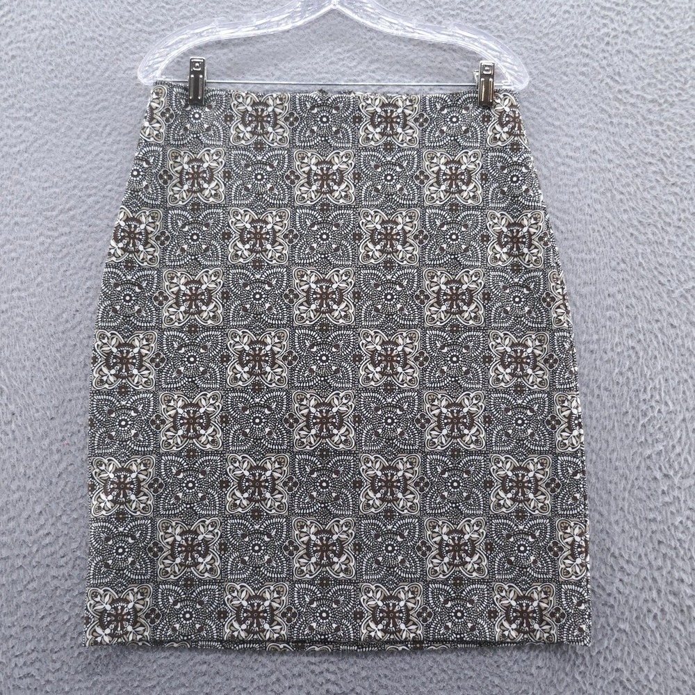 Talbots Womens Brown Tan White Geometric Medallion Pencil Skirt Size 10 Stretch